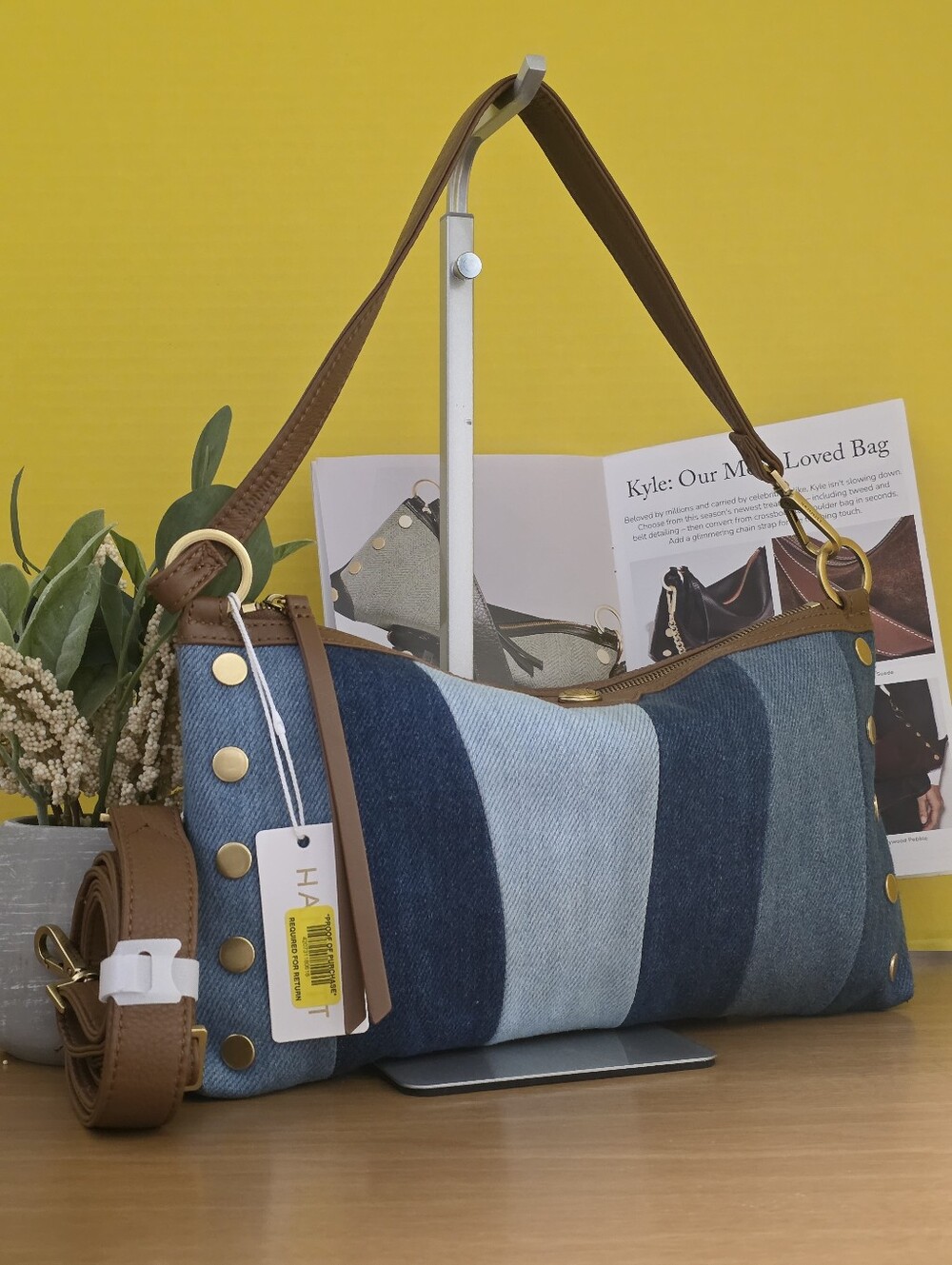 Women's Blue Denim Stripe Shoulder Bag with Brown Trim
